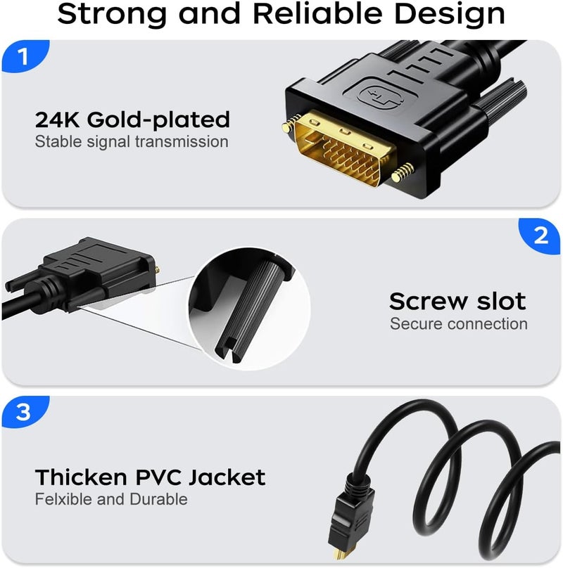 QINGLER كابل محول HDMI A إلى DVI بطول 6 أقدام، عبوة 2، ثنائي الاتجاه 1080P HDMI إلى DVI-D كابل ذكر إلى ذكر، عالي السرعة مطلي بالذهب لراسبيري باي، روكو، إكس-بوكس ون، PS3/4/5، بطاقة الرسوميات - Image 3
